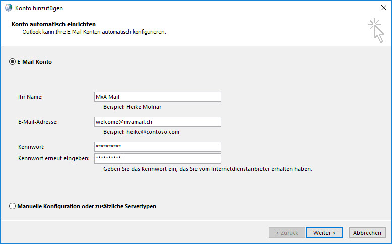 Outlook 2016 Mit Exchange Verbinden Mit Schon Vorhandenem Profil Xchangeonline Ch Mva Internet Services